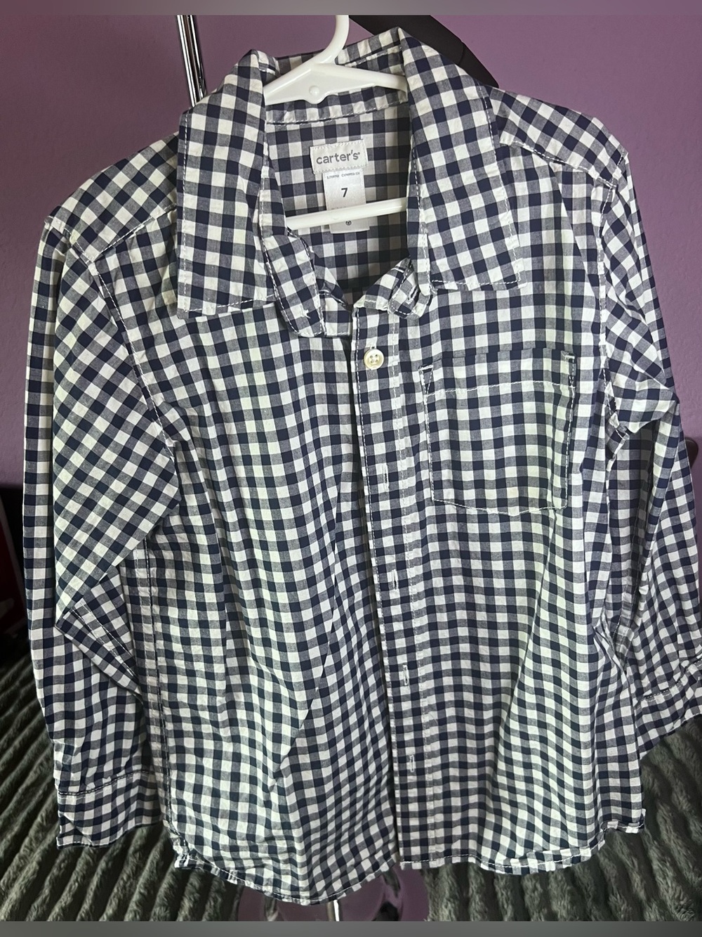 Carter's Boys Checkered Navy Blue White Button Down Shirt Size 7 Reg Long sleeve